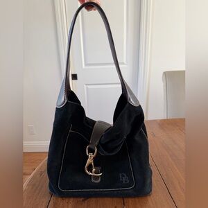 Dooney & Bourke Black Suede Hobo Bag with Gold Accents